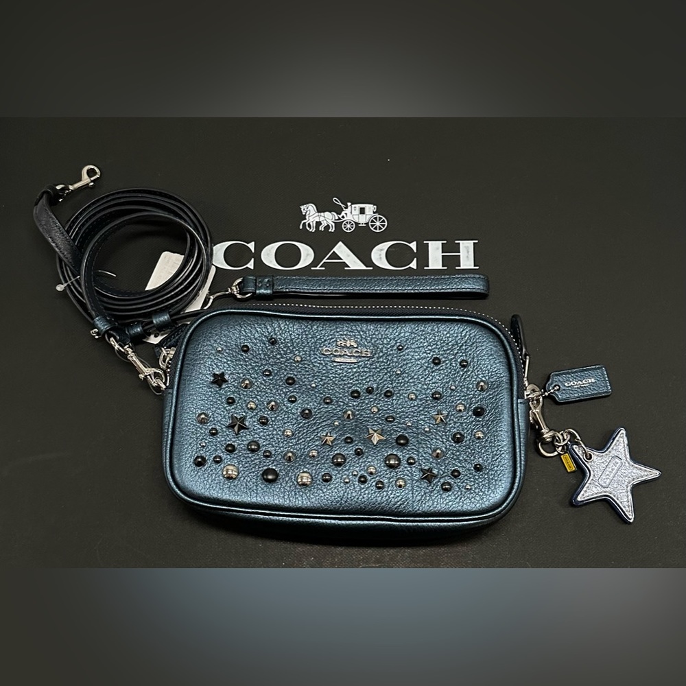 Coach Crossbody Metallic Blue Studded Rivets Star NASA Wristlet Bag Purse Wallet - Picture 2 of 15